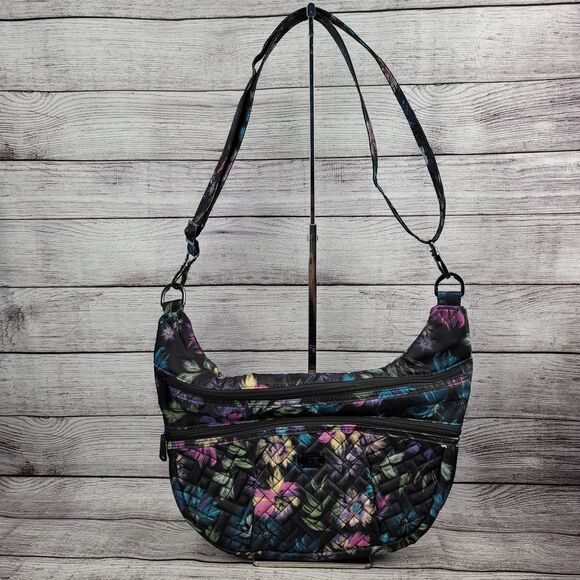 Lug Hippy Floral Bloom Print Black Adjustable Shoulder Crossbody Bag Quilted - Picture 1 of 9